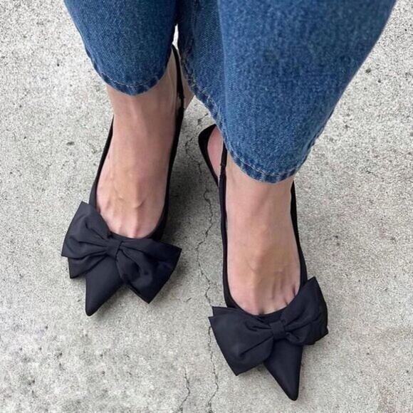 ZARA Black Bow Slingback Heels NWT – Embellished Pointed Toe Pumps, Size 7.5 - Picture 5 of 16